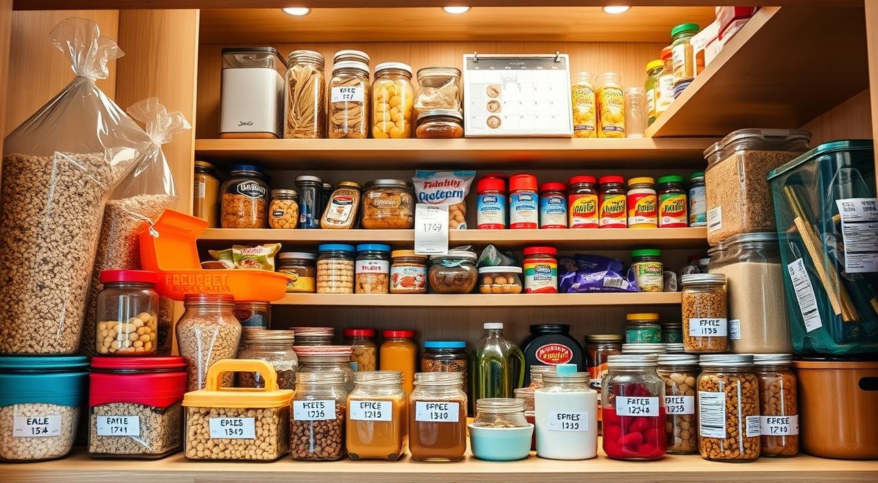 Despensa organizada com potes, embalagens e alimentos distribuídos nas prateleiras de acordo com as datas de validade.