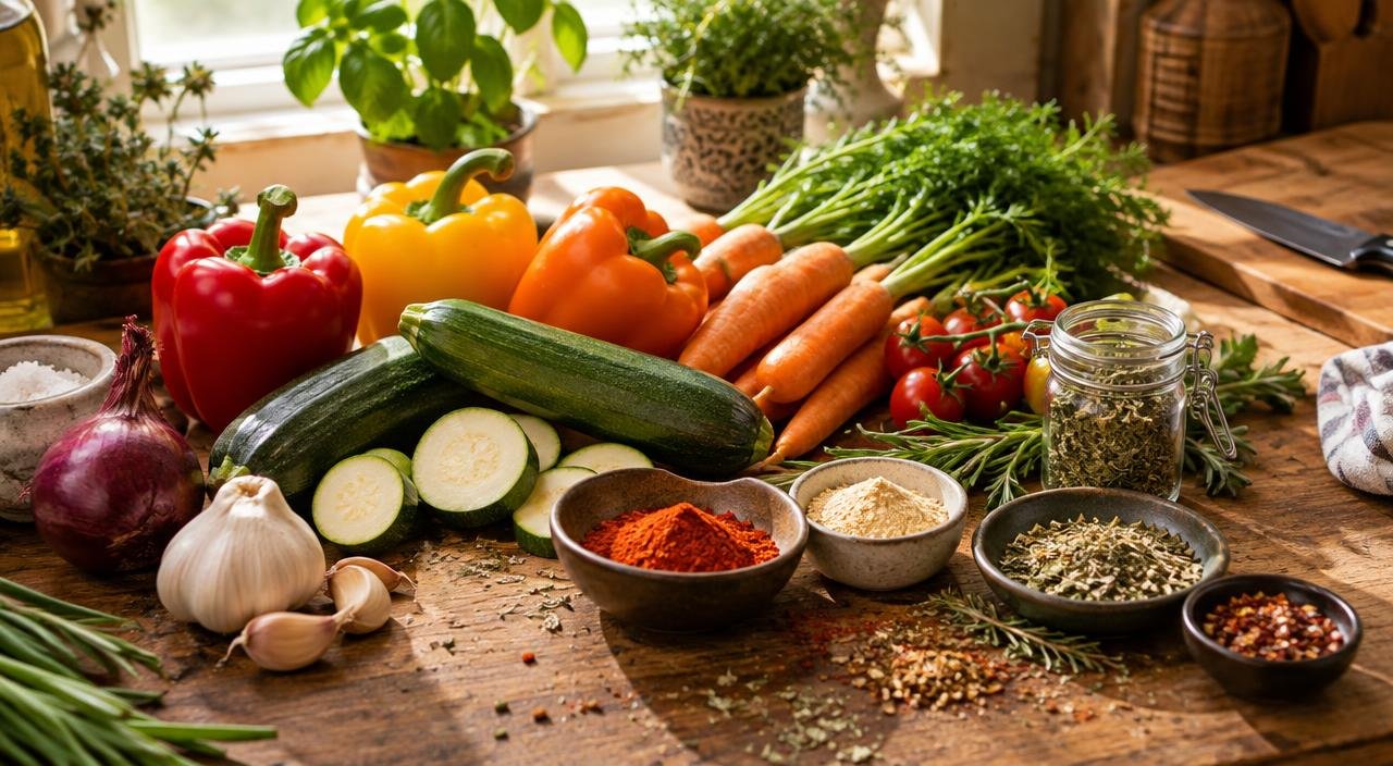 Legumes como pimentão, abobrinha e cenoura acompanhados de ervas e temperos sobre uma bancada de madeira.