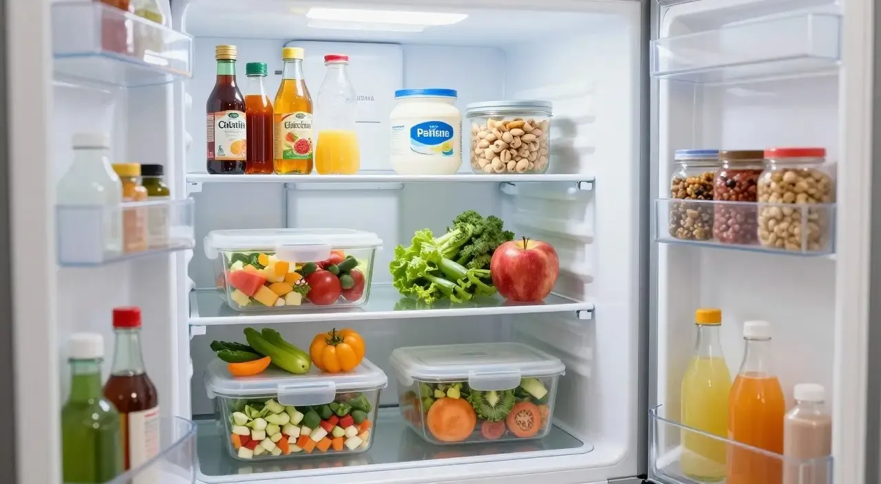 Geladeira organizada com alimentos distribuídos de forma prática nas prateleiras