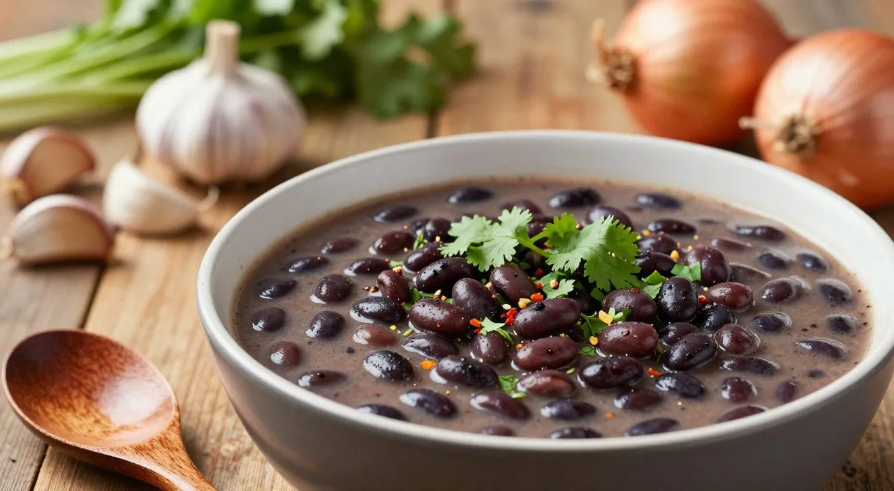Tigela de feijão preto cremoso com caldo encorpado, acompanhada de colher de madeira e ingredientes usados no preparo.