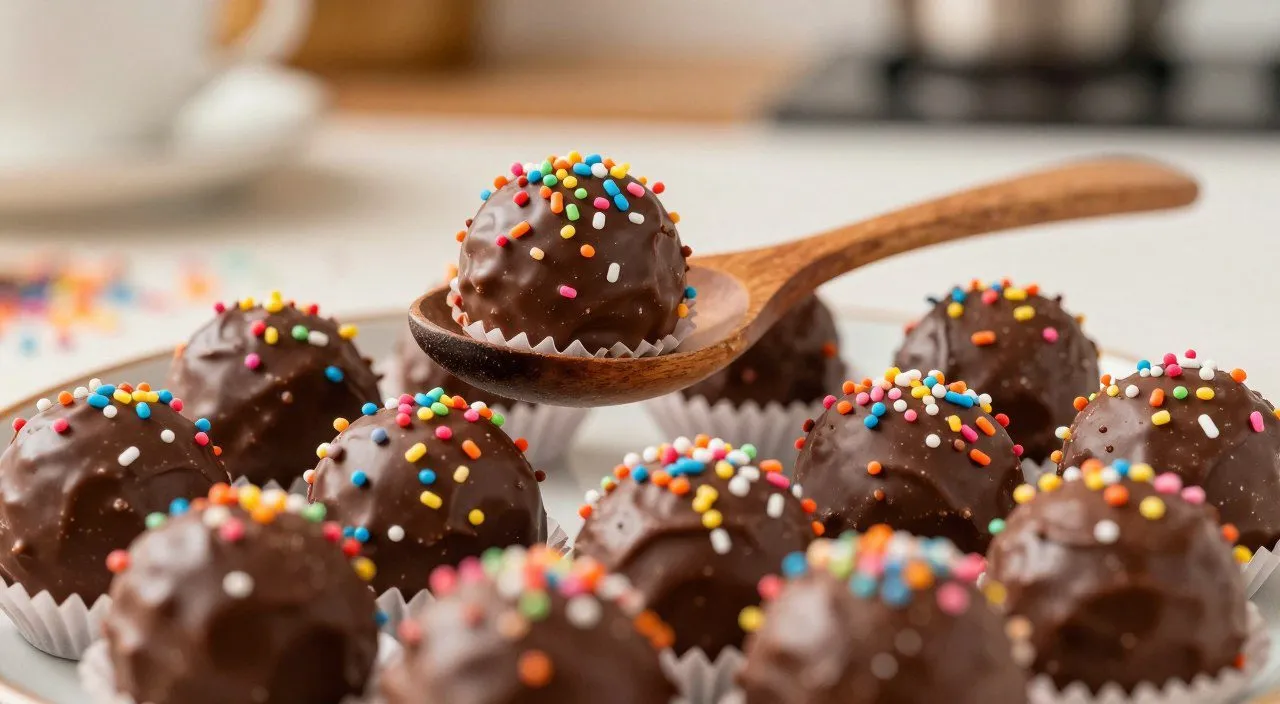 Brigadeiros com cobertura de granulado sobre um prato, representando erros que podem afetar a textura e o resultado do doce.