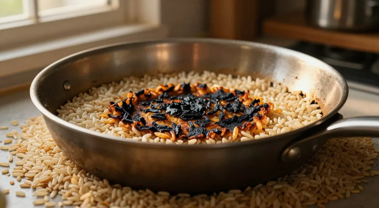 Panela com arroz queimado no fundo, ilustrando a importância de escolher a panela adequada para preparar arroz.