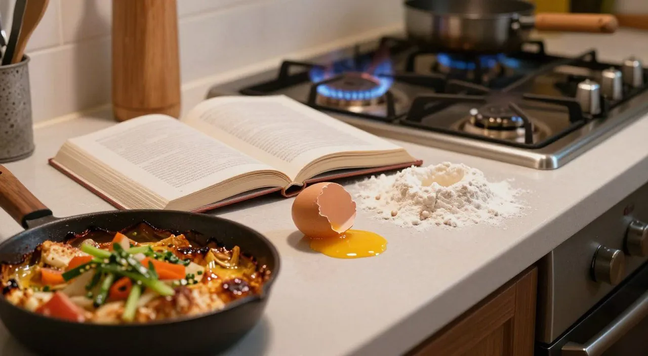 Cozinha com alimentos queimados, ingredientes espalhados e utensílios desorganizados, representando erros comuns durante o preparo das refeições.