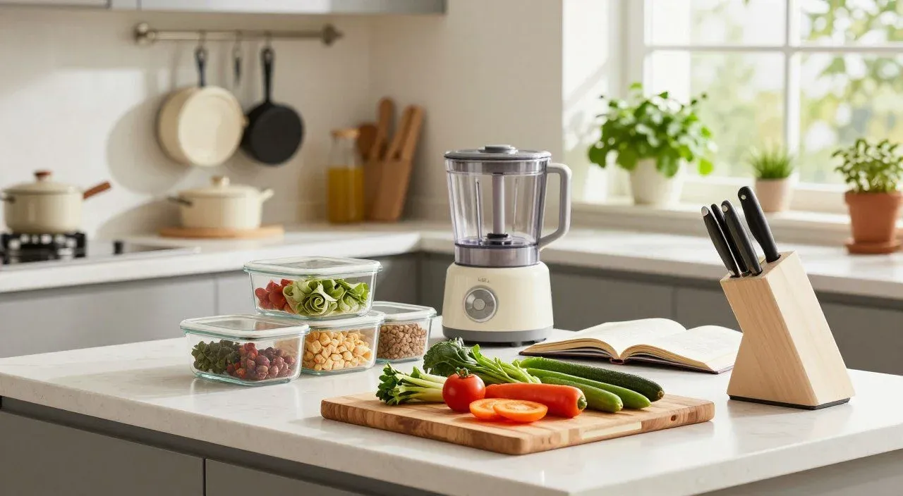 Cozinha organizada com ingredientes porcionados, vegetais frescos e utensílios prontos para preparar refeições de forma mais rápida.