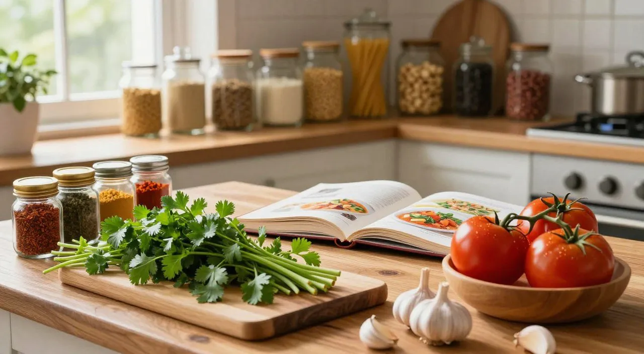 Ervas frescas, alho, tomates e especiarias organizados sobre uma bancada, representando ingredientes econômicos que deixam as receitas mais saborosas.