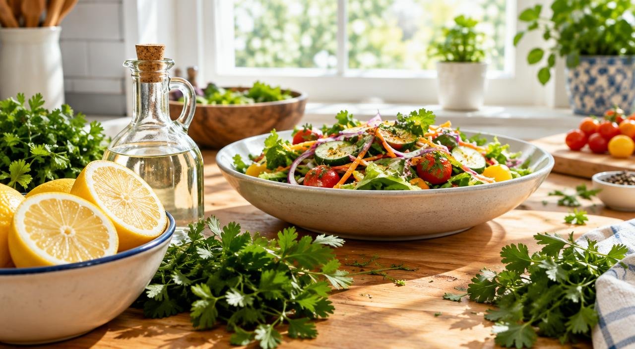 Limões cortados e vinagre ao lado de ervas frescas e salada colorida sobre uma mesa de cozinha.