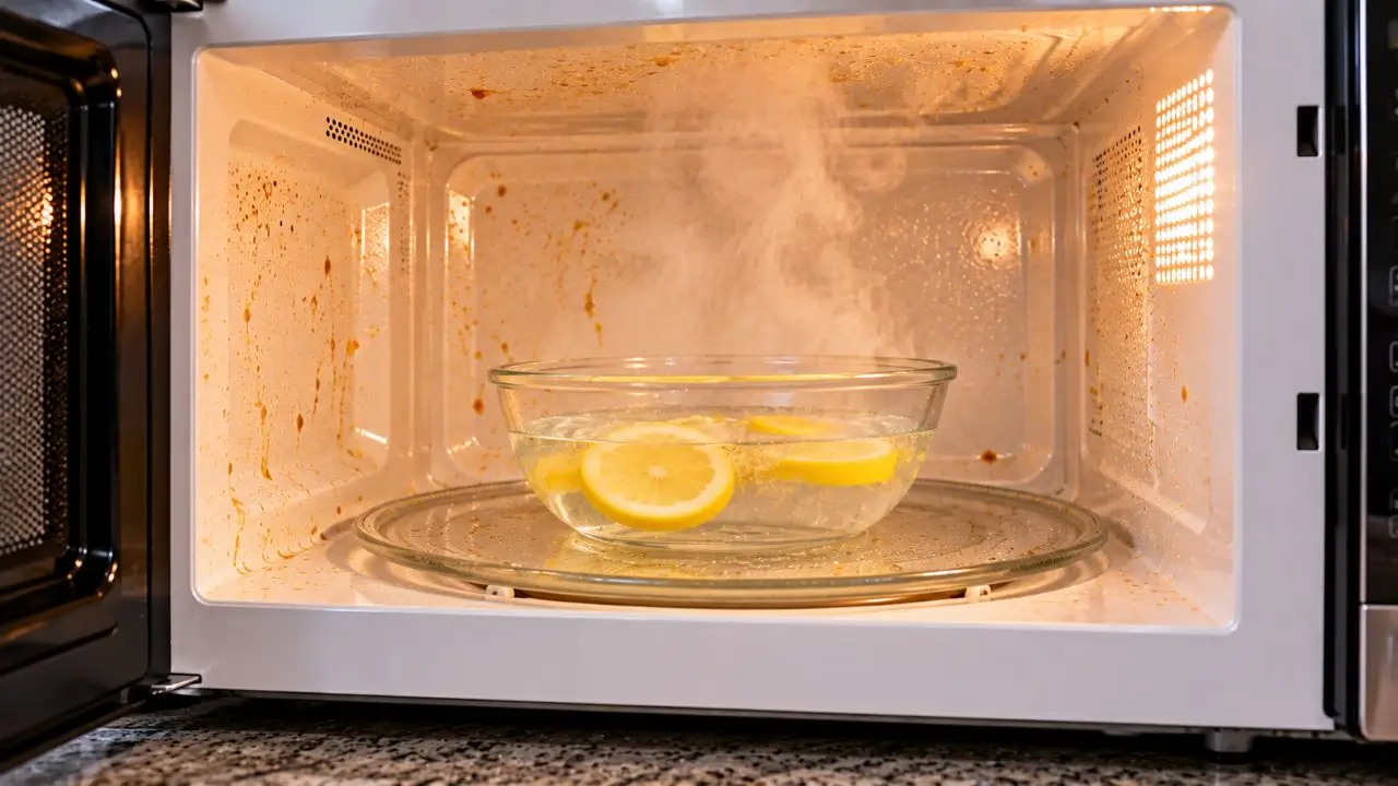 Tigela com água e limão no micro-ondas soltando vapor para facilitar a limpeza