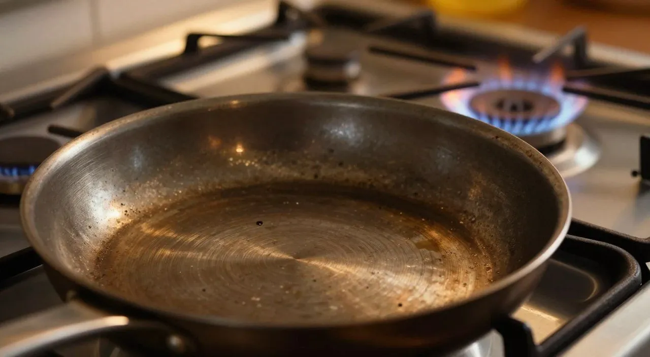 Panela de aço inox com áreas escurecidas e marcas de uso sobre um fogão a gás.