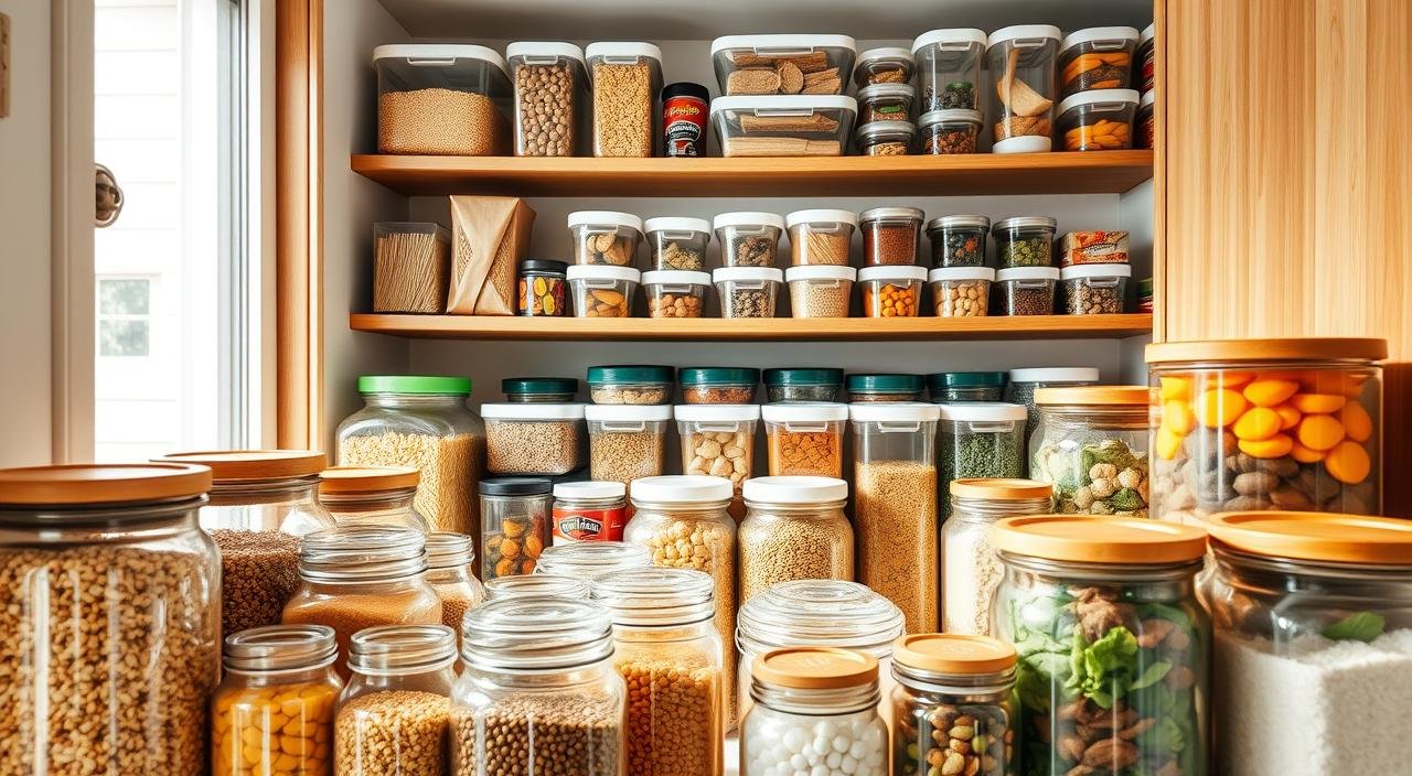Armário de alimentos organizado com potes transparentes contendo grãos, massas, temperos e outros mantimentos.
