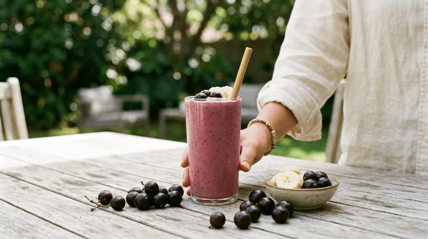 Vitamina de jabuticaba com banana cremosa acompanhada das frutas frescas