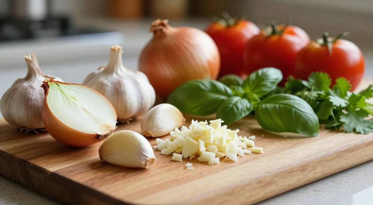 Tábua de madeira com alho, cebola, tomate e ervas frescas, representando alimentos que podem deixar odores após o corte.