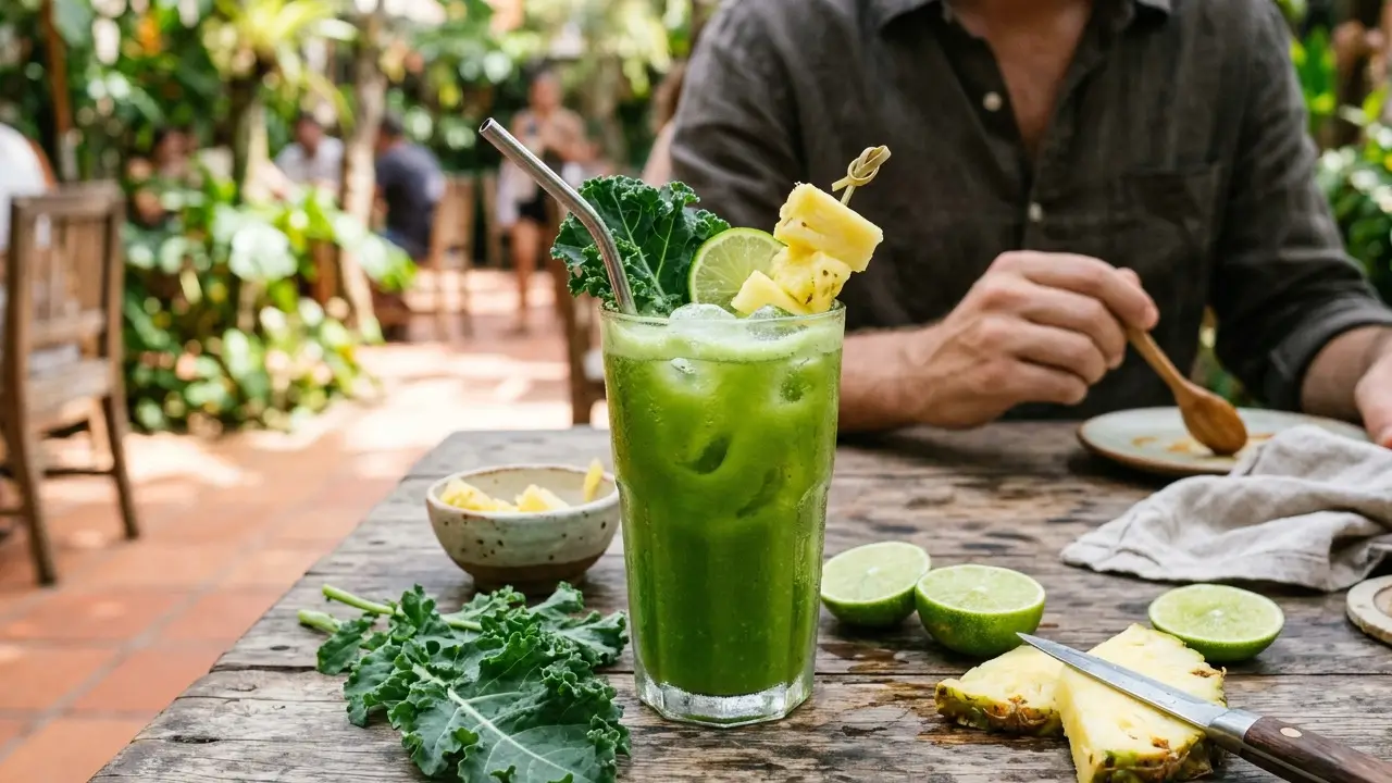 Suco de couve com abacaxi e limão acompanhado dos ingredientes frescos