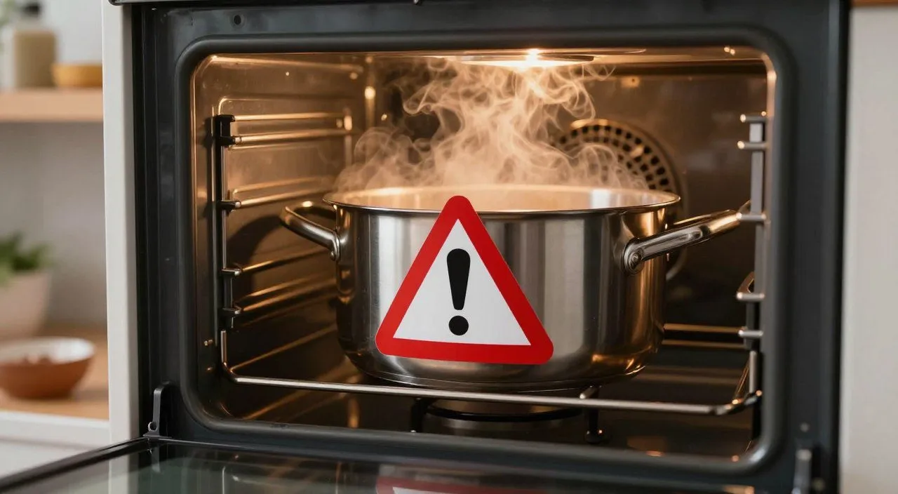Panela de inox guardada dentro do forno, representando possíveis riscos e cuidados relacionados a esse hábito na cozinha.
