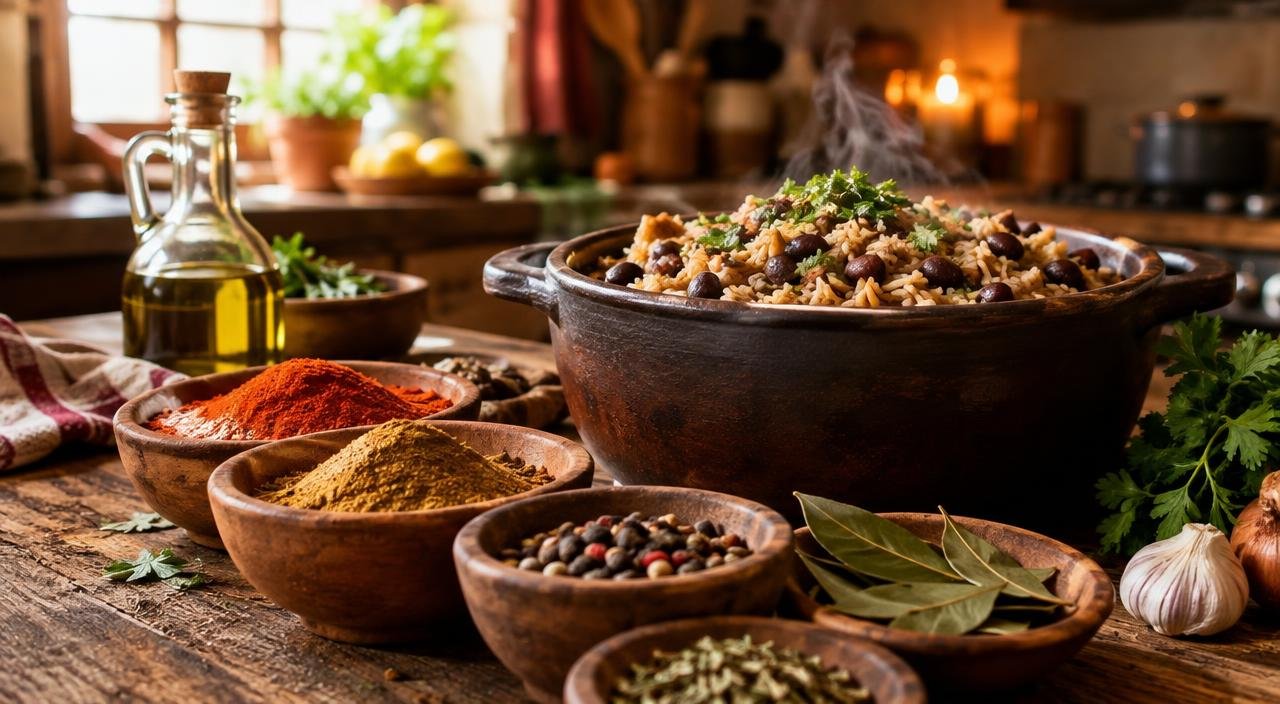 Arroz e feijão acompanhados de temperos e ervas como páprica, cominho e folhas de louro sobre uma mesa de madeira.
