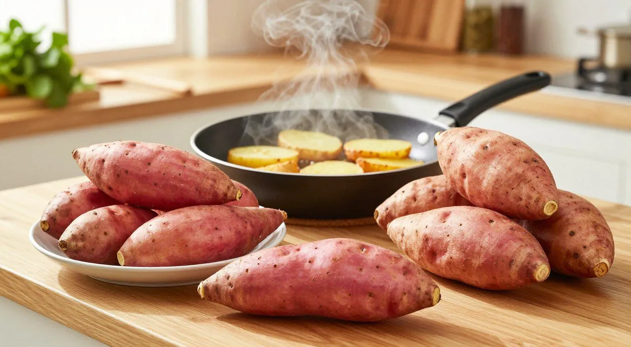 Batatas-doces, batatas inglesas e batatas asterix organizadas sobre uma bancada de cozinha, destacando as diferenças entre as variedades.