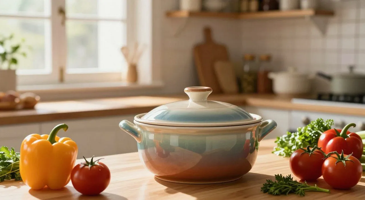 Panela de cerâmica acompanhada por tomates, pimentões, ervas frescas e utensílios sobre uma bancada de cozinha.