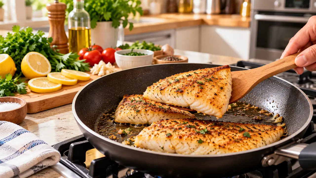 Filé de peixe dourado sendo virado cuidadosamente em uma frigideira