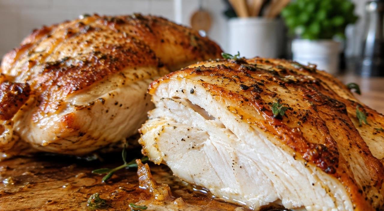 Frango cozido com superfície dourada e interior suculento, destacando a textura da carne após o preparo.