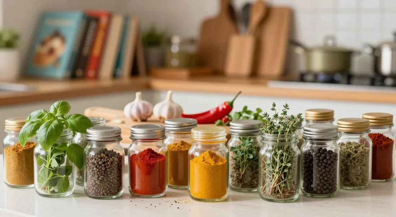 Potes com temperos variados, ervas secas e especiarias organizados sobre uma bancada de cozinha ao lado de ingredientes frescos.