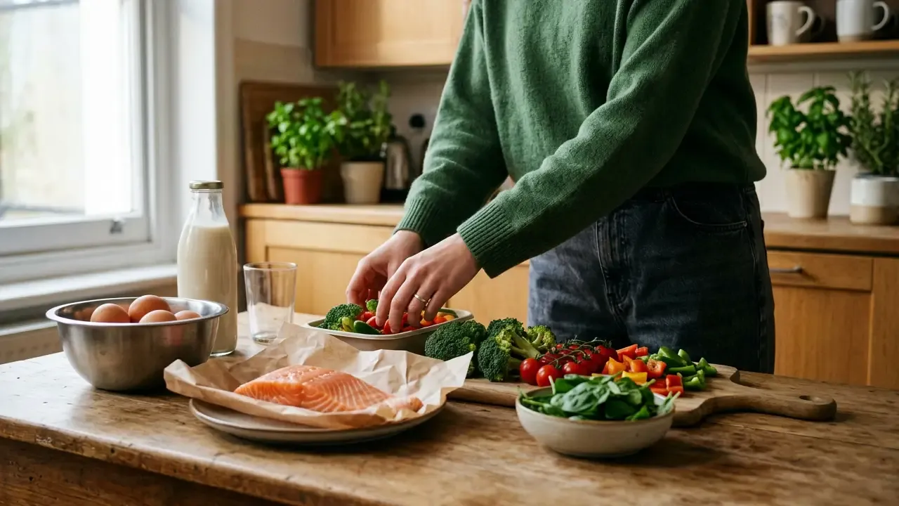 Pessoa preparando alimentação variada com opções sem lactose.
