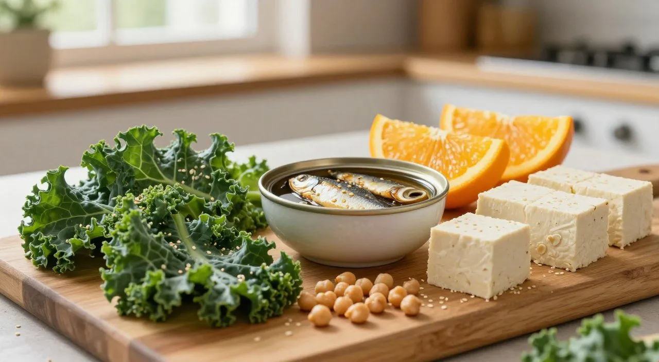 Couve, gergelim, tofu, grão-de-bico e sardinhas organizados sobre uma mesa, representando alimentos ricos em cálcio e sem lactose.